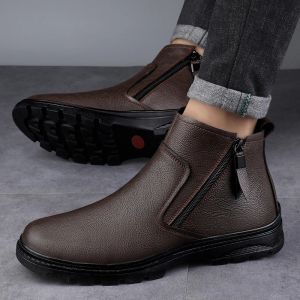 Botlar Kış Botları Marka Botları artı Veet Boots Yüksek kaliteli erkekler iş deri rahat ayakkabı ayak bileği botları kar botları