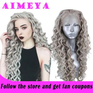 Wigs AIMEYA Long Deep Wave Lace Front Wigs for Women Pale Grey Curly Free Part Natural Hairline Colorful Cosplay Daily Party Wigs