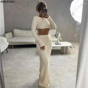 Casual Dresses 2024 Summer Women's Fashion Round Neck Long Sleeve Crop Slim-Fit Wrap Hip Bröstkjol Set