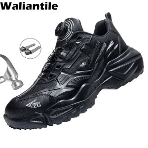 슬리퍼 Waliantile 남성 안전 신발 가벼운 천자 증명 작업 부츠 레이스 프리 스틸 발가락 파괴 가능한 운동화 신발 남성