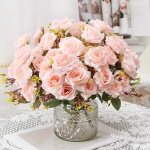 Decorative Flowers Artificial Fragrant Honey Rose Bouquet Silk Fake Home Living Room Decoration Simulation Roses Wedding Wine Red Flower