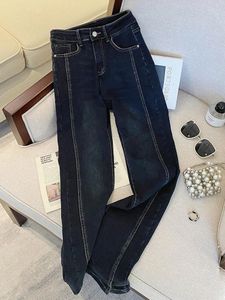 Damenjeans Oiinaa Blaue hoch taillierte, geschlitzte Beine, breite, gestreifte Streetwear-Stretch-koreanische Stilmode, gerade Hosen