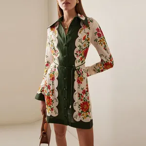 Casual Dresses Fashion Lapel Collar Button Shirt Dress Women Long Sleeve Tie-up Mini Elegant Flower Print Patchwork Straight