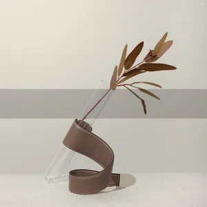 Vases Creative Glass Test Tube Flower Arrangement With Curved Leather Bracket Ornaments For Home Office Living Room Dining Decor
