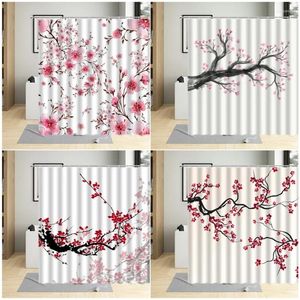 Shower Curtains Chinese Ink Painting Red Plum Blossom Curtain Plant Flowers Scenery Decor Fabric Bathroom Bath Hooks Cloth Sets