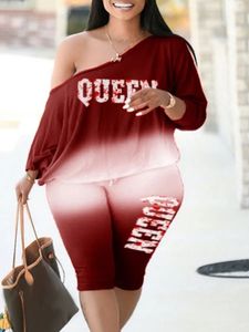 LW Plus Size Queen Pink Gradient Letter Print Pants Set One Shoulder Tee and Sheath Stretch Trousers Matching Outfits for Women 240323