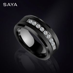 Gemstones 2021 Men Tungsten Carbide Ring, 9pcs Cz Inlay Black Brushed Finish Comfort Fit Wedding Band Ring, Free Shipping, Engraving