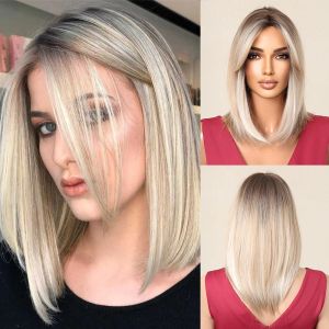 Wigs Blonde Ombre Wigs Medium Straight Synthetic Bob Wig for Black Women Platinum Highlight Cosplay Lolita Hair Heat Resistant Wigs