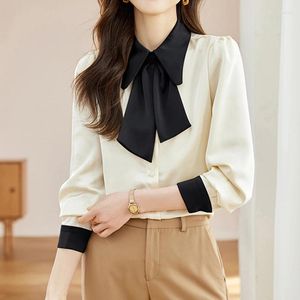 Women's Blouses QOERLIN Women Elegant Chic Single-Breasted Long Sleeves Blouse Woman Fashion Vintage Casual Bow Folds Shirt Loose Top