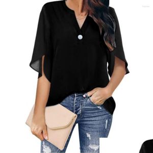 Kvinnors blusar skjortor eleganta kvinnor blus casual t-shirt 2023 sommar enkel solid kort ärm V-ringning kontor lady chiffon skjorta topp s dhomg