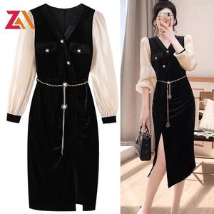 Casual Dresses ZALady Autumn Vintage Velvet V-neck Midi Women Zevity Bodycon Slim Split Fork Black Elegant Party Dress Robe