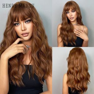 Wigs HENRY MARGU Long Wavy Auburn Red Synthetic Wigs with Bangs Kinky Curly Natural Hairs for Daily Cosplay Party Heat Resistant Wigs