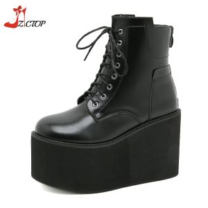 Gothic Black Platform Ankle Boots Women Thick Bottom High Heels Women's Boots Punk Wedges Female Shoes Booties Woman Size 43