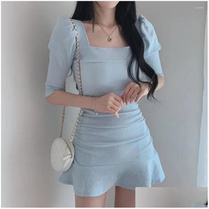 Urban Sexy Dresses Party Square Collar Bubble Sleeve Folds Knitting Thin Mini Flounced Edge Women Dress Korean Summer Slimming Sweet T Dhcku