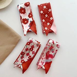 Scarves 2024 Fashion Print Pink Red Skinny Bag Ribbon Scarf For Women Soft Satin HairbandNeckerchief Female Neck Tie Hair