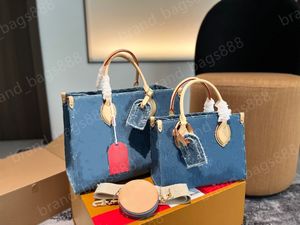 Novo designer de grande capacidade sacola feminina azul floral moda feminina bolsa de luxo bolsa de ombro denim sacola alça retro 2 tamanho saco inclinado caixa original atacado