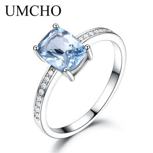 Umcho äkta 925 Sterling Silver Rings for Women Sky Blue Topaz Gemstone Solitaire Ring Wedding Romantic Engagement Smycken 240402