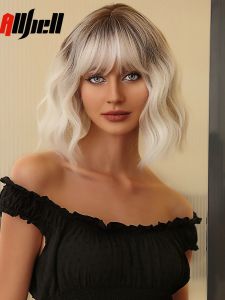 Peruker platina blond ombre syntetiska peruker med bang för kvinnor kort vågiga lolita halloween cosplay bob peruk naturlig hår värme resistent