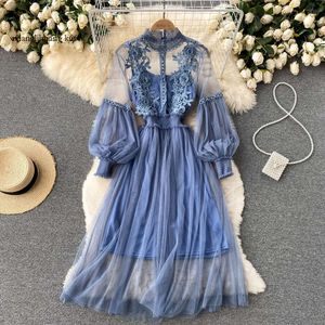 Hösten 2024 Sweet Spring Women Mesh Dress Elegant Stand Collar Lantern Lång ärm Hög midja 2st Party Vestidos kvinnligt nytt mode 2022