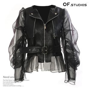 Giacche da donna OF.STUDIOS 2024 Moda Nero Splicing Mesh See Through Cappotto di pelle Giacca da motociclista Donna all'ingrosso