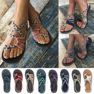 Sandals Roman Summer Shoes Woman Sandals Color Matching Rope Knot Beach Toe Sandals Fashion Comfortable Women Plus Size Shoes 3543