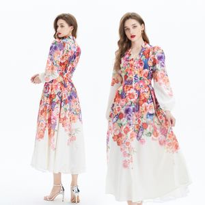 Floral Beach Vacation Swing Maxi Dress V Neck Designer Women Ethnic Style Print White Cardigan Shirt Dresses Långärmad damer Flowy Casual Office Party Robes Frock