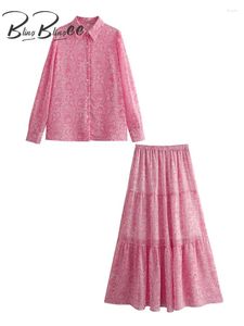 작업 드레스 Blingblingee 2024 Spring Paisley 인쇄 여성 느슨한 셔츠 정장 긴 소매 캐주얼 블라우스 여성 핑크 미디 스커트 세트 Y2K