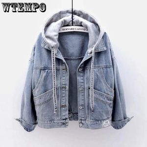 WTEMPO Women splatane bluza z kapturem sznurka z długim rękawem guzika z kapturem Blue Black Jean Spring Autumn Threwear 240319