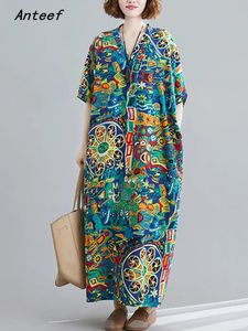 女子カジュアルルーズマキシロングサマードレスエレガント服240318のためのドレスのドレスを着たショートスリーブ特大の綿のフローラル
