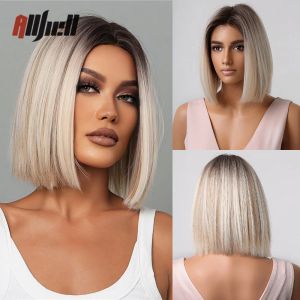 Wigs Ombre Brown Platinum Blonde Synthetic Wigs Short Straight Bob Wigs for Black Women Daily Natural Heat Resistant Hair Cosplay