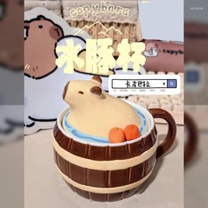 Canecas 3D Kawaii Balneary Capybara Caneca cerâmica Round Handle Drinkware Caso de café coberto Copo de leite de Natal Decoração de mesa de presente de Natal