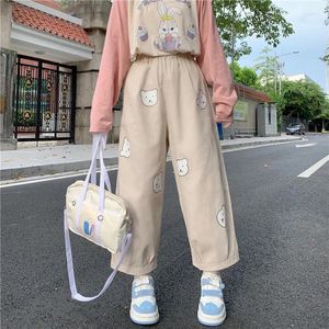 Женские брюки, японские кавайные мягкие брюки с милым принтом медведя для девочек, свободные брюки с высокой талией, эластичные повседневные студенческие брюки
