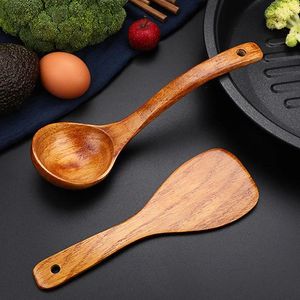 Colheres Longa Colher De Madeira Estilo Coreano Natural Wood Handle Redondo DIY Sopa Cozinhando Misturando Sobremesa