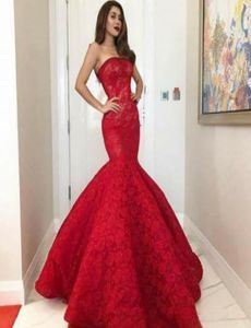 Red Lace Mermaid Prom Dresses Beaded Strapless Neck Evening Gowns Vestidos De Fiesta Sweep Train Formal Dress5798496