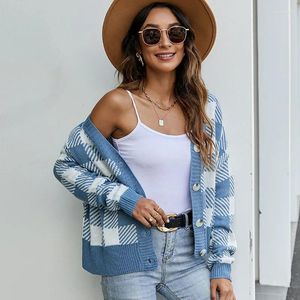 Women's Knits V-neck Loose Sweater Coat In Autumn And Winter 2024 Casual Plaid Long Sleeve Knitted Cardigan