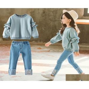 مجموعات الملابس 2021 Spring Girls Lace Sweeve Sevents Jeans 2PCS Suit Big Kids Sport Tracksuits for Children