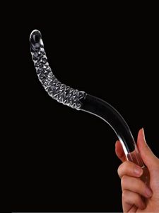 Erotic Swirl Glass Dildo Curved Head Gspot Glass Sex Toys Crystal Pyrex Penis Masturbating Stick Wand Translucent Ribbed Veins La3367242