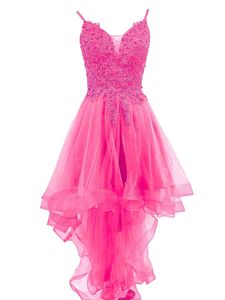 Hi-Lo Homecoming Dresses Deep V-Neck 스파게티 아플리크 얇은징 레이스 업 A- 라인 칵테일 공식 행사 칵테일 파티 파티 가운 HC12