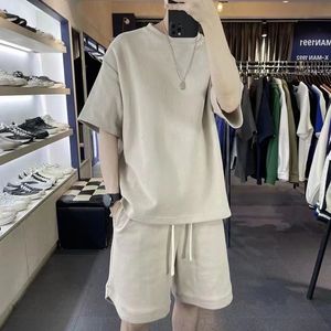 Summer Mens Casual Waffle Tshirt and Shorts Couple sätter mode 2 stycken Tracksuits 240402