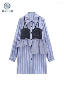 Vestidos casuais elegância francesa uma peça vestidos ruched mulheres fina moda azul camisa listrada vestido kpop polo 2000s estética streetwear