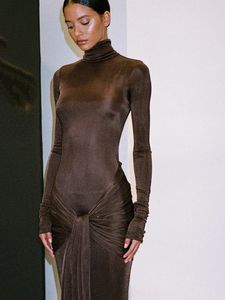 Articat High Neck Long Sleeve Bodycon Dress For Women Tight Elastic Lace Up Maxi Autumn 2023 Party Club Vestidos 240323