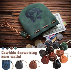 Storage Bags Genuine Leather Coin Purse Chinese Style Fu Blessing Bag Women Men Vintage Handmade Small Drawstring Pocket Key