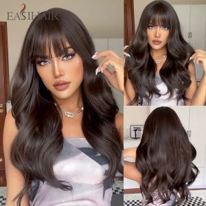 Парики Easihair Long Brown Black Wavy Synthetic Wigs с взрывом натуральные волны для чернокожих женщин ежедневно косплей теплостой