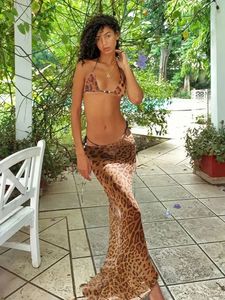 Seksowna lampart 3 sztuki bikini set Summer Beach Wear Triangle Bikinis Swimsuit z spódniczką stroje kąpielowe A1554 240402