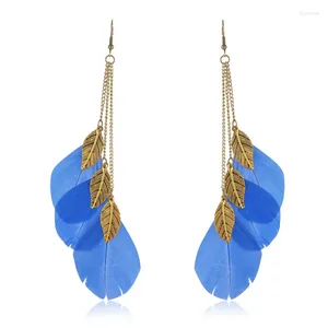 Dangle Earrings Boho Long Chain Fringe Blue Purple Feather Female Ethnic Gold Color Alloy Leaf