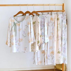 Casa roupas de algodão viscose pijamas terno feminino primavera e verão estilo chinês conjunto botão acima floral impresso pijama despeje femme