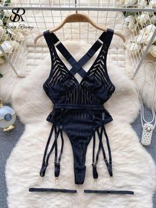 Bras Sets SINGREINY Transparent Mesh Sensual Erotic Playsuits Sheer Open Crotch Sheath Rompers Hollow Out Cosplay Stripe Sexy Bodysuits