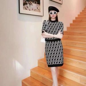 Two Designer Piece Dress Full Letter New Jacquard Pullover Short Sleeve Top & Half Long Skirt Fashion High-Quality Knitted Suit Blue And Black