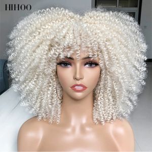 Wigs Short Hair Afro Kinky Curly Wigs With Bangs For Black Women Cosplay Lolita Synthetic Natural Blonde White Pink Blue Green Wig