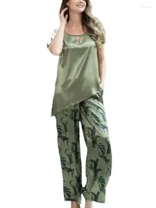 Hemkläder 2024 Spring Two Piece Green Print Pyjamas Set Women Fashionable Satin Homewear Elastic Waist Pants Lady Summer 2st Sleepwear